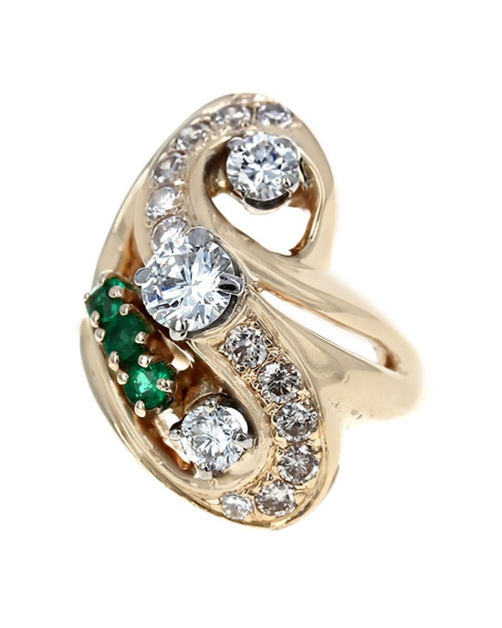 Diamond and Emerald Swirl Ring in Gold